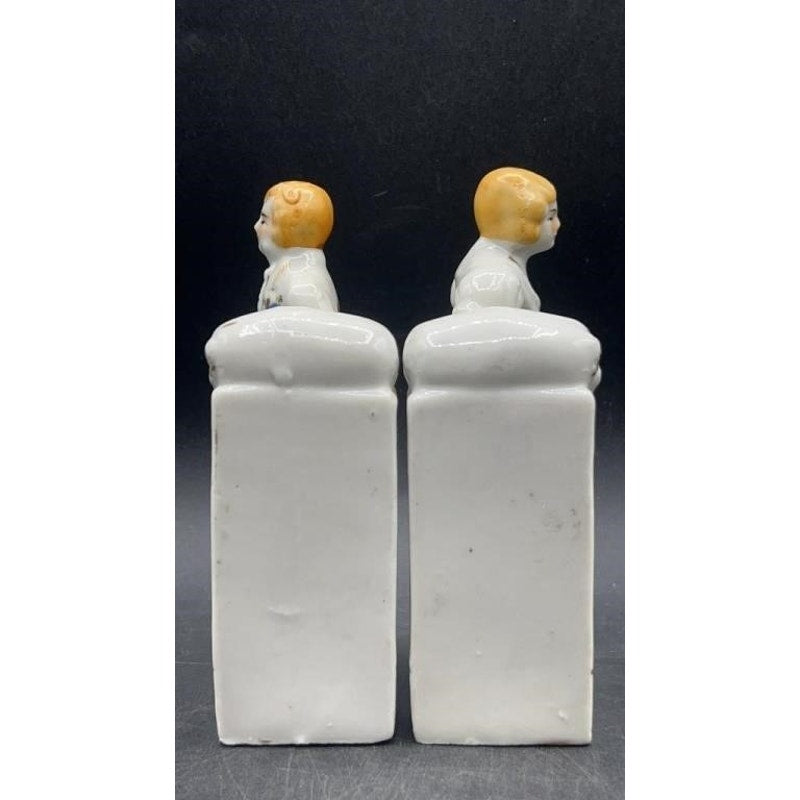 VTG Japanese Porcelain Colonial Man & Woman Bookends Hand-painted; 22K Gold Accent 5.25"
