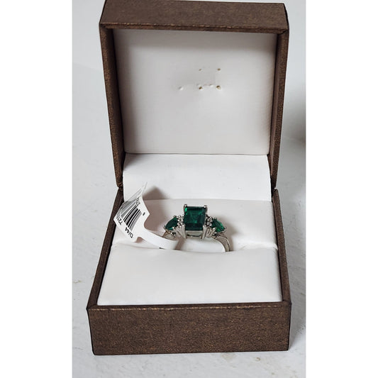 Vintage Sterling Silver Ring w/ Cr Emeralds & Mini Diamonds Size 7 w/ Box