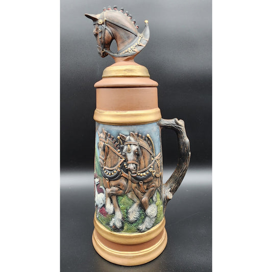 Vintage 18.5" German Horse Head Lidded Beer Stein Raised Relief Hand Painted