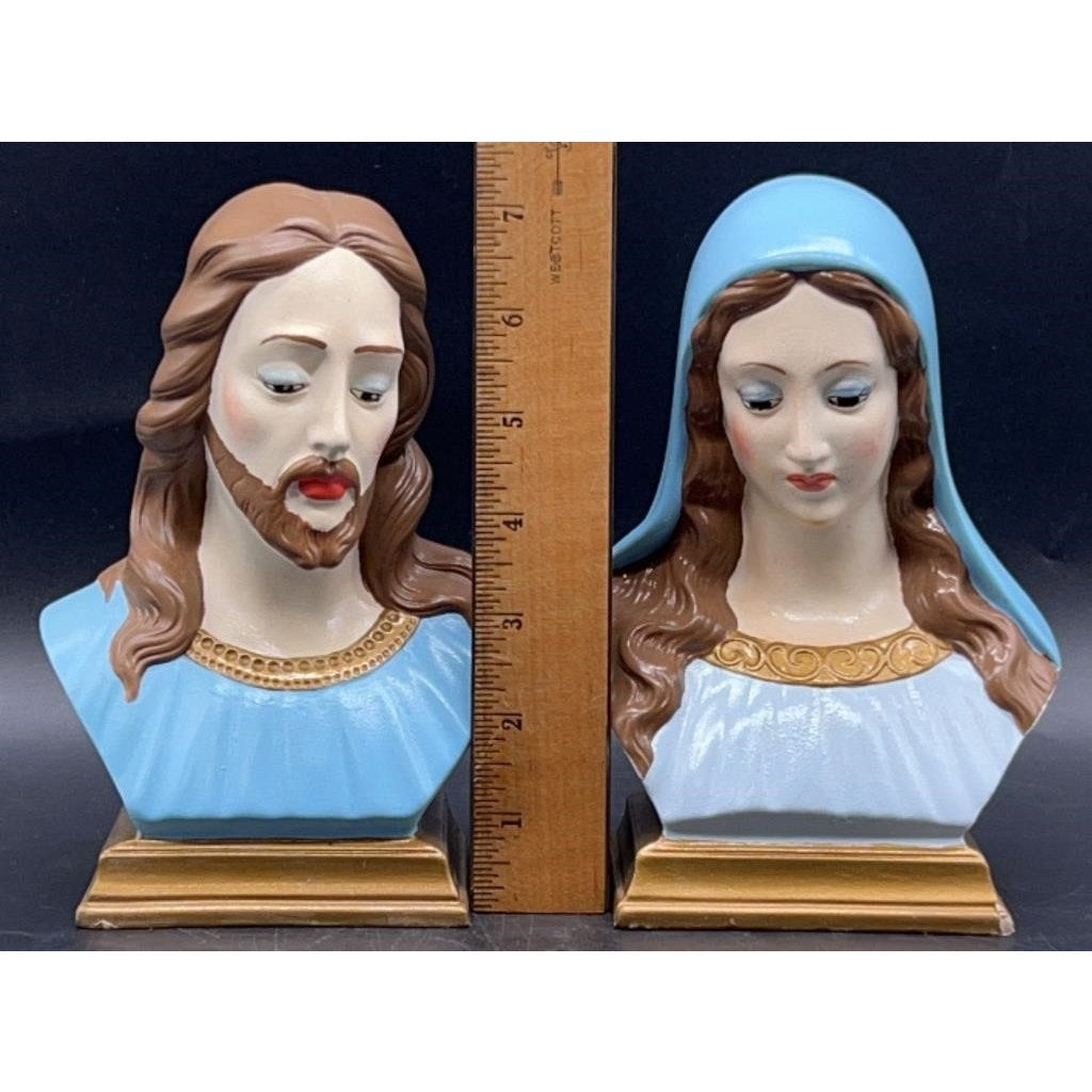 VTG Holland Mold Jesus & Mary Hand-Painted Ceramic Busts 5×3.75×7″