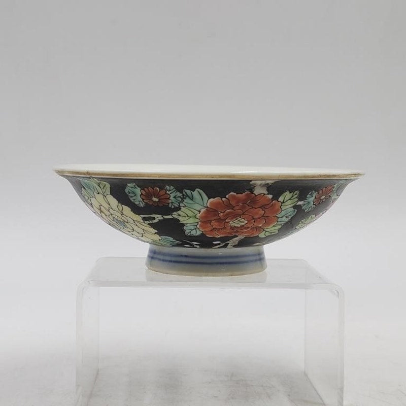 2 Vintage Chinese Famille Noire Porcelain Bowls & Vintage Nippon Two Piece Hand Painted Trinket Bowl