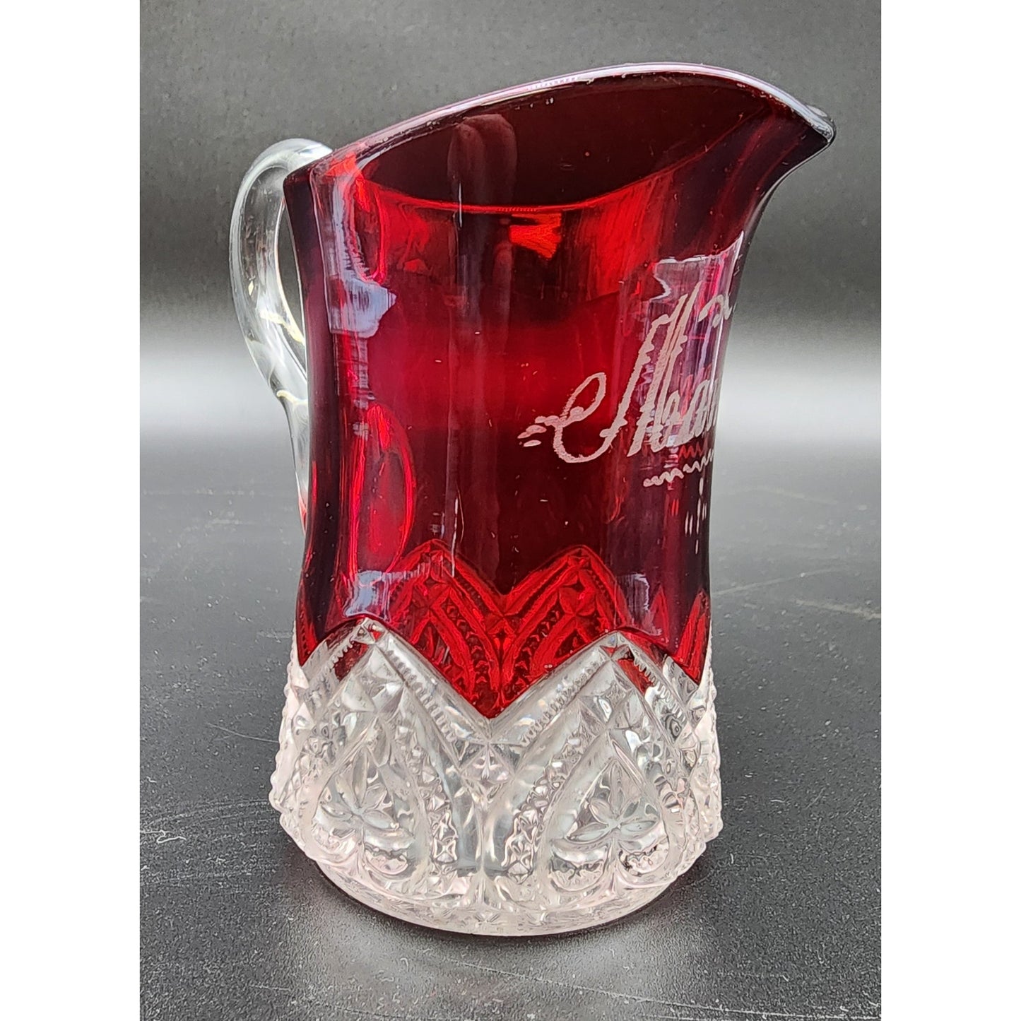 1903 Ruby Stained Cut Glass Pitcher Souvenir Etched Name 4.25” Antique