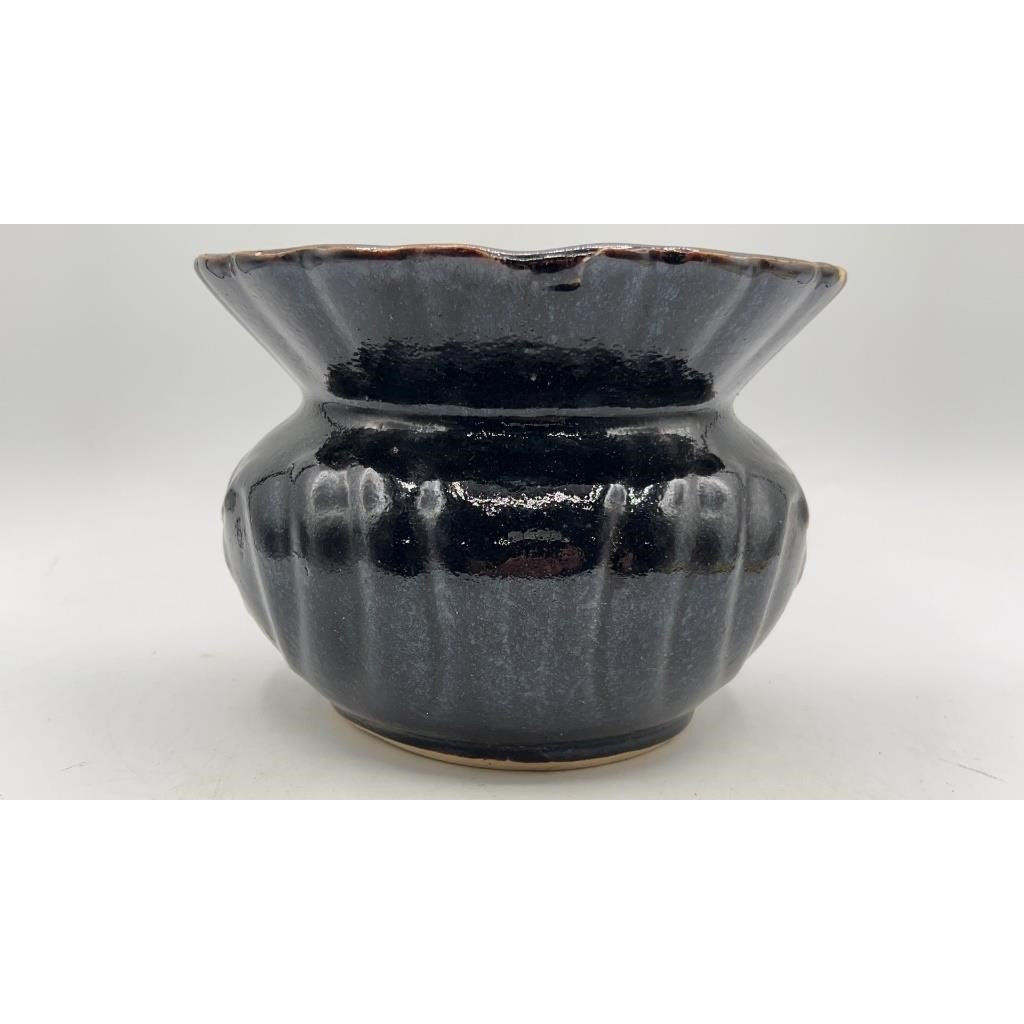 VTG Glazed Stoneware Spittoon Floral Pattern 7" Dark Glaze w/ Repair