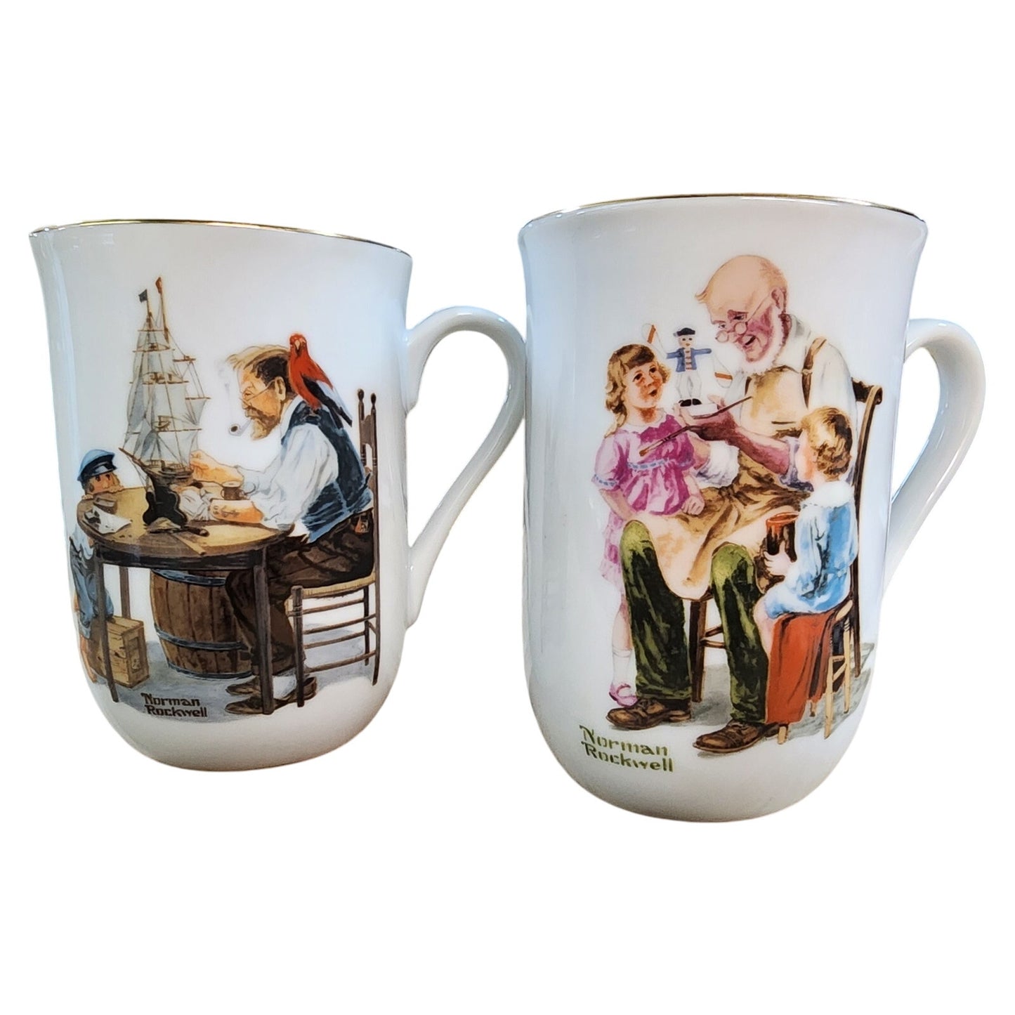 Norman Rockwell Museum Coffee Mug Cup Glasses (1982) Gold Trim - VINTAGE - 8 Pc (Rare)