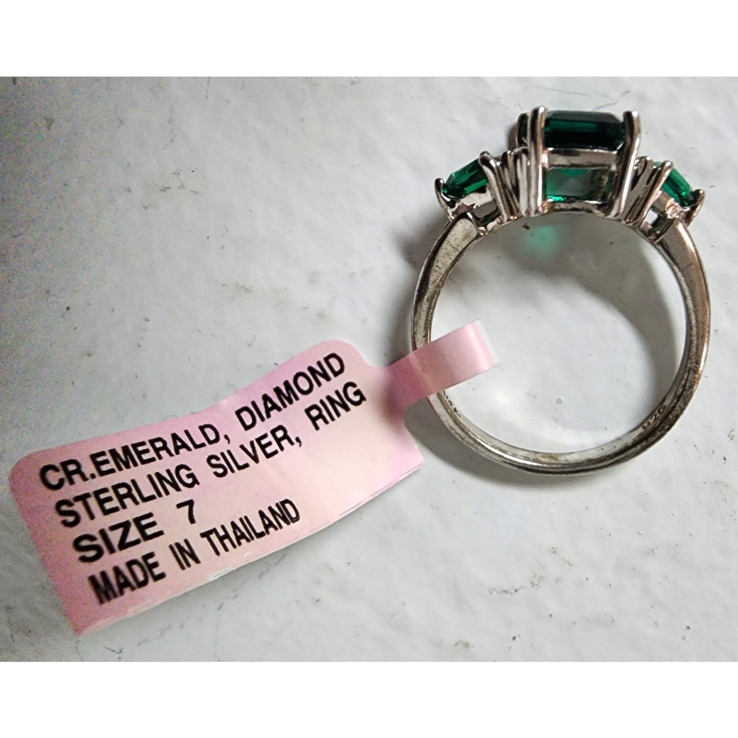 Vintage Sterling Silver Ring w/ Cr Emeralds & Mini Diamonds Size 7 w/ Box
