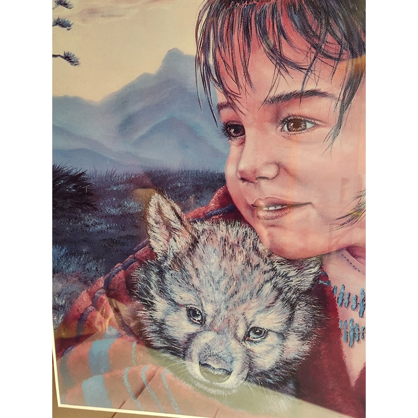 VTG Jonnie’ Ko Kostoff Signed Serigraph Native American Girl w/ Wolf Pup 1990