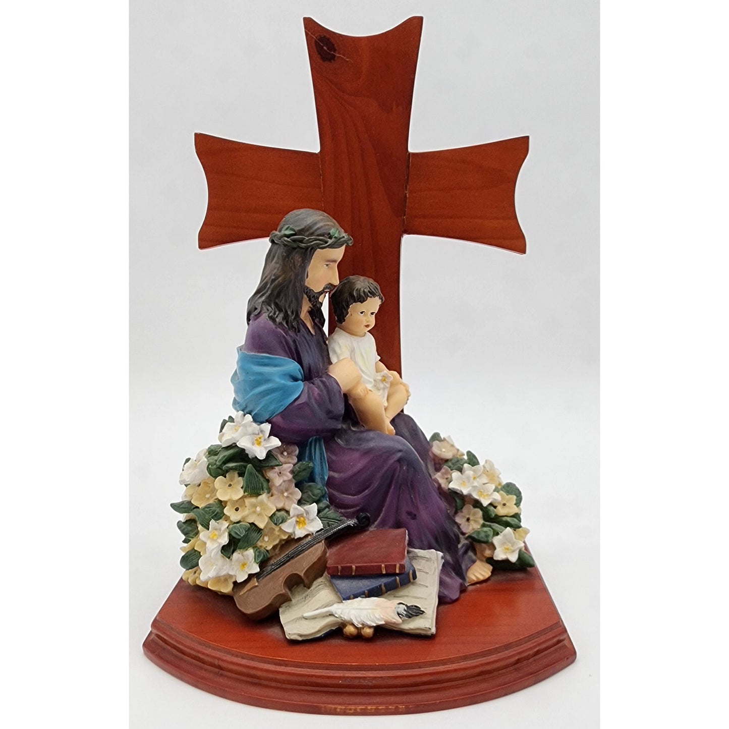 Jesus & Child Figurine w/ Cross, Violin, Books – 12.25" Hand Painted Wood Base