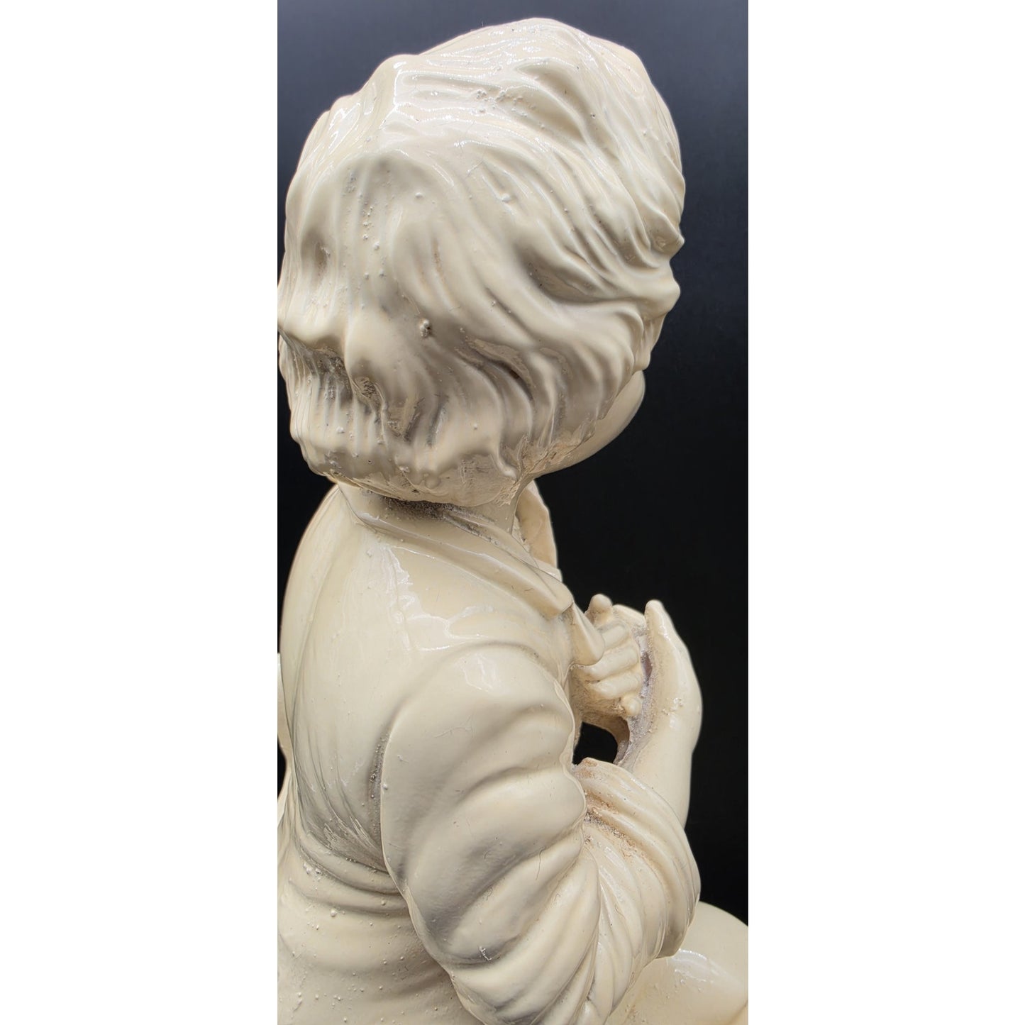Vintage Pale Yellow Alabaster Boy Sculpture on Rustic Bench 18.5" 11 lbs