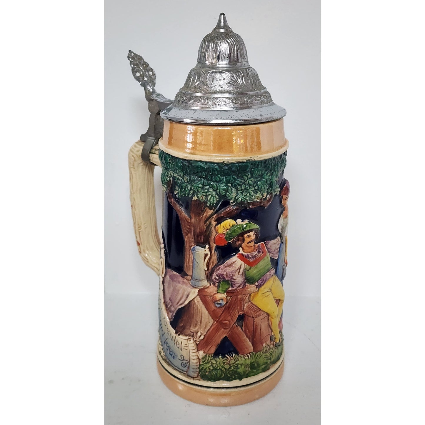 Vintage German Beer Stein Pewter Lid Hand Painted Relief 9.5" Heavy Ceramic