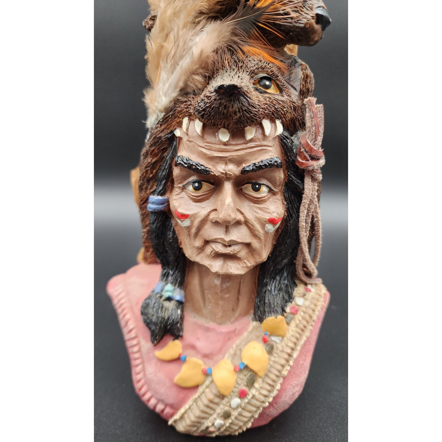 Native American Warrior Figurine w/ Wolf Fox Headdress Feathers Resin 10”
