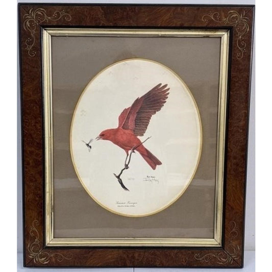 Signed Ray Harm “Summer Tanager” Lithograph – Vintage Framed Wildlife Art - 1963