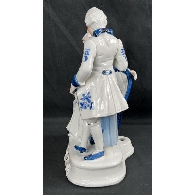 Victorian Style Blue White Porcelain Figurine Couple, Gold Accents, Hand Painted