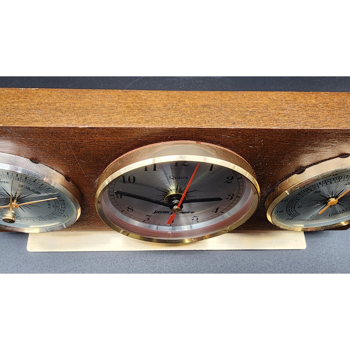 Vintage Jason Empire Weather Station Wood & Brass Quartz Clock Thermometer