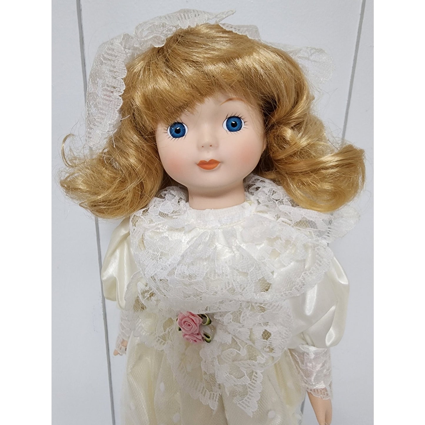 Vintage 16" Lazarus Porcelain Doll “Sarah” w/ Stand & Box – Bridal Gown