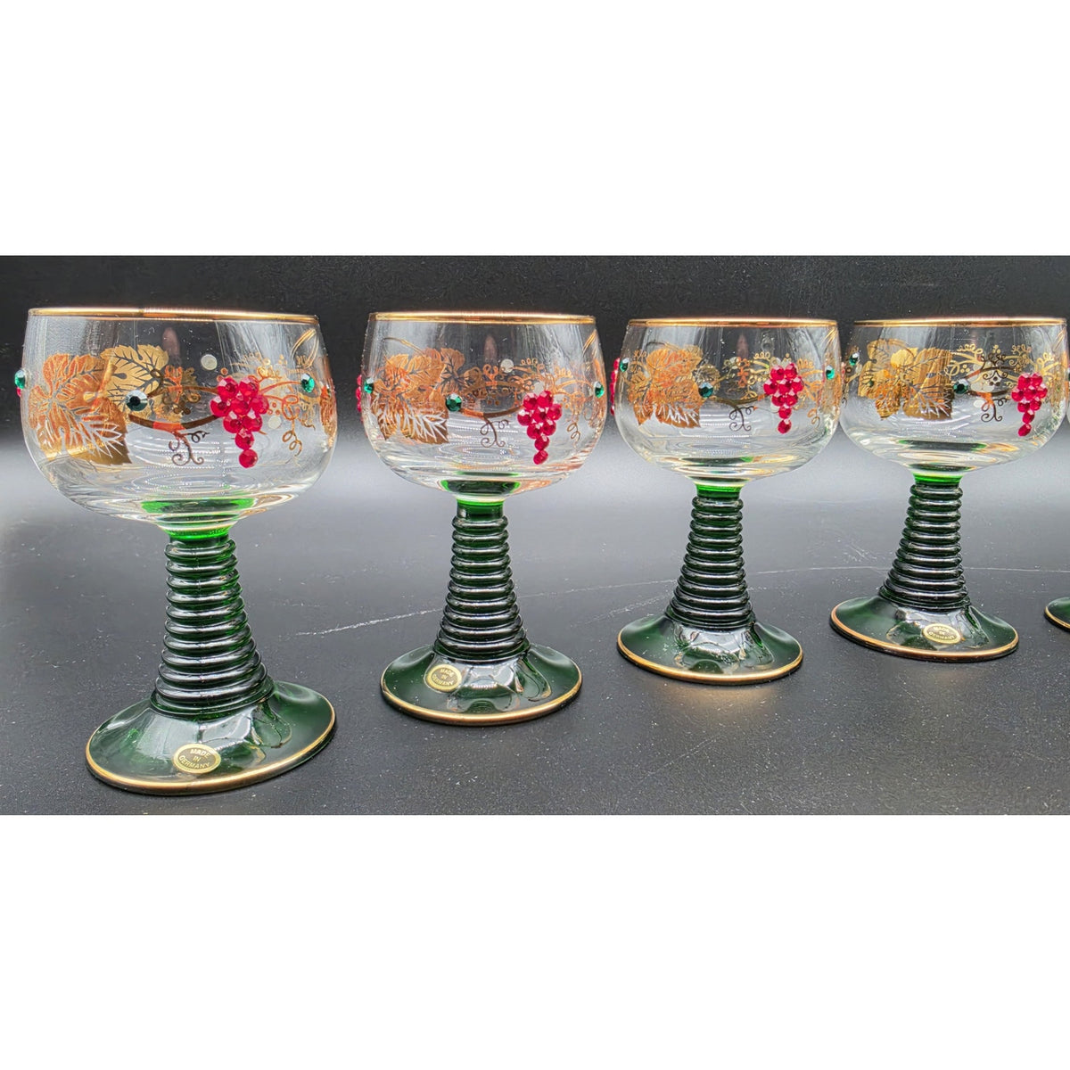 Vtg Bockling German Romer Wine Glasses Green Stem Gold Gilt Rhinestones Set 8