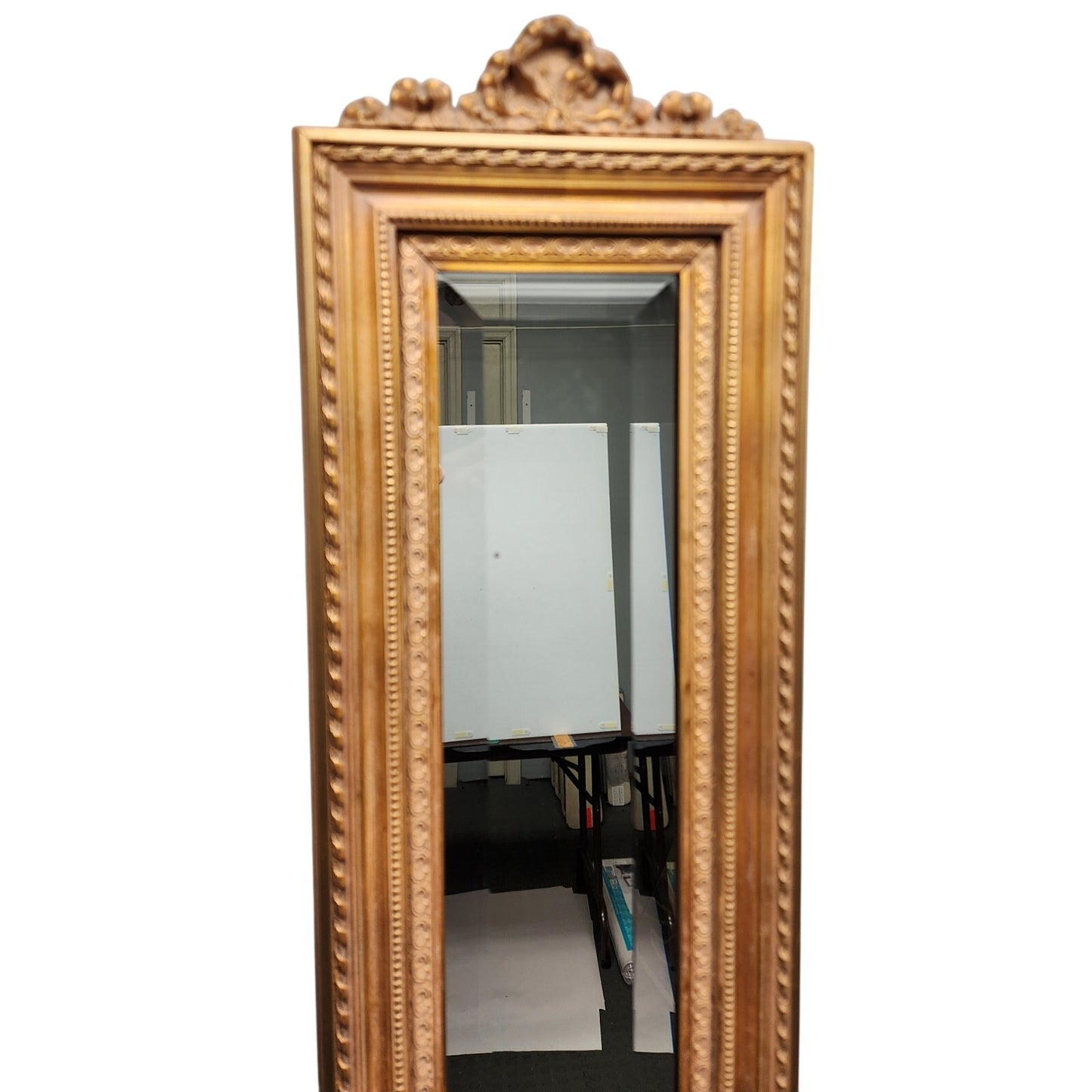 Vintage Beveled Glass Mirror – Ornate Gold Wood Frame, 44” Tall Elegant Design