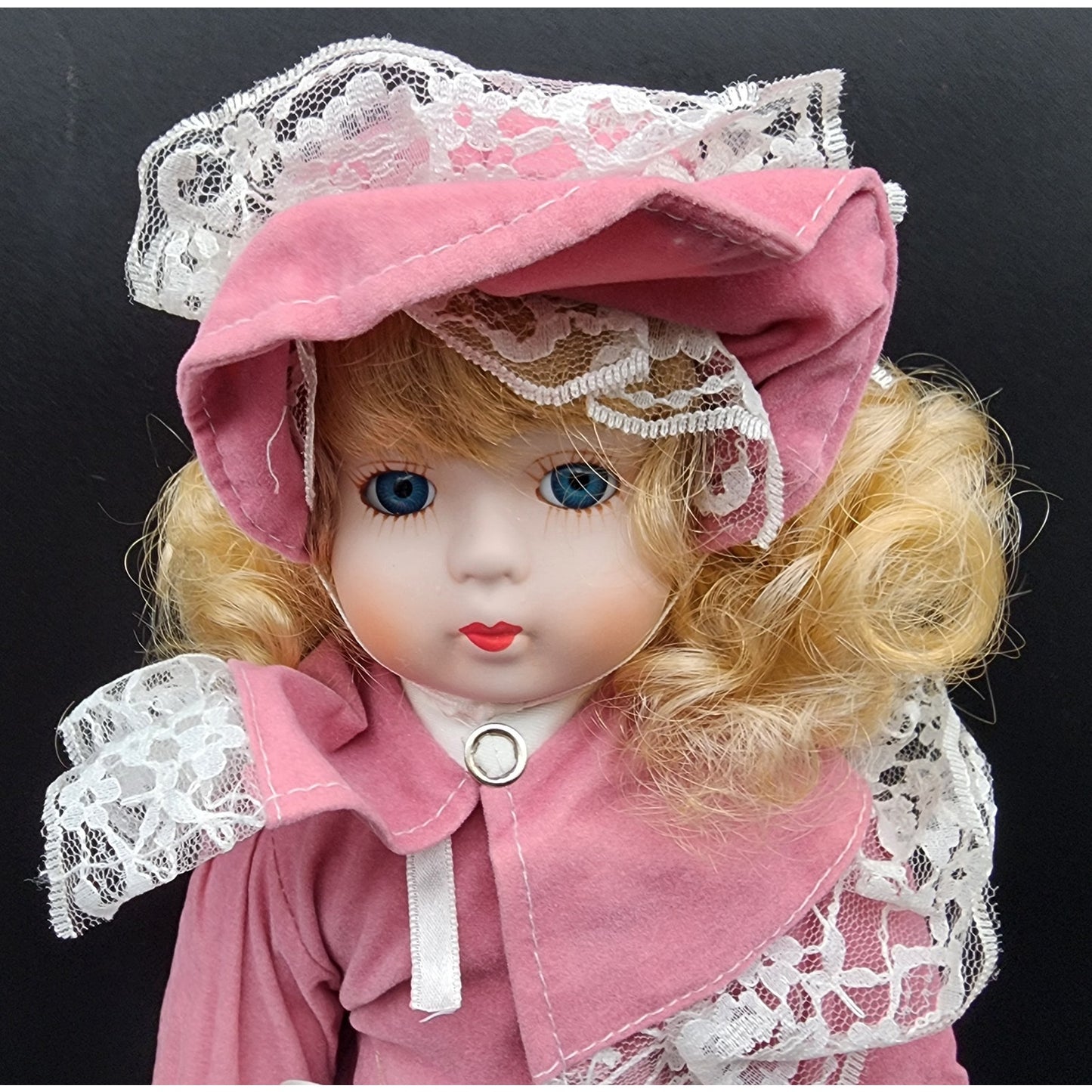 Vintage 16" Porcelain Doll “Tracy” TH‑64 Pink Velvet Dress w/ Bonnet & Box