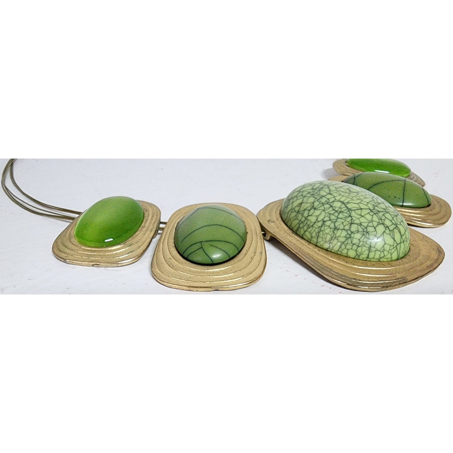 Vintage Green Stone Necklace Goldtone Oval Settings & Sliding Chain Design