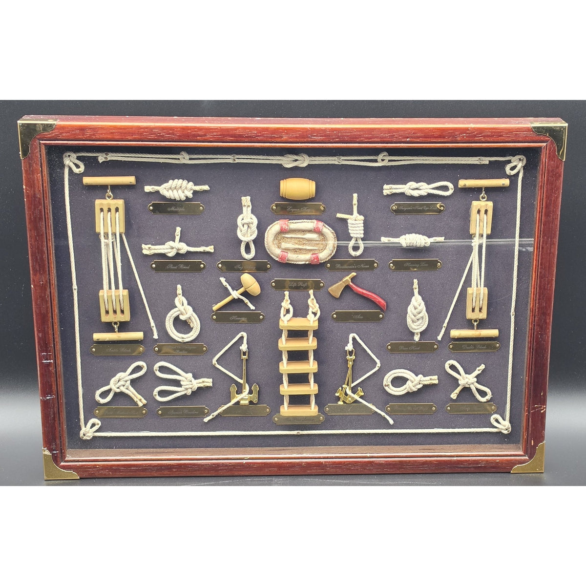Vintage Nautical Rope Knot Shadow Box Wooden Display Brass Frame Wall Art 20.5"
