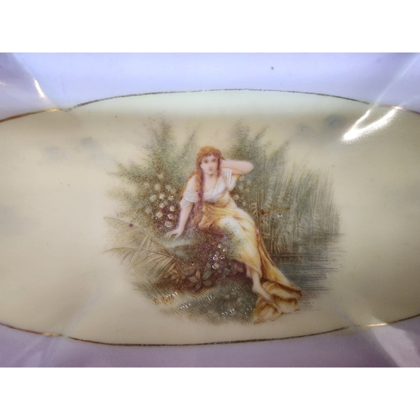 VTG R.C. Carmen Bavaria Oval Nut Tray  Lady Scene  Gold Rim Scalloped 9"