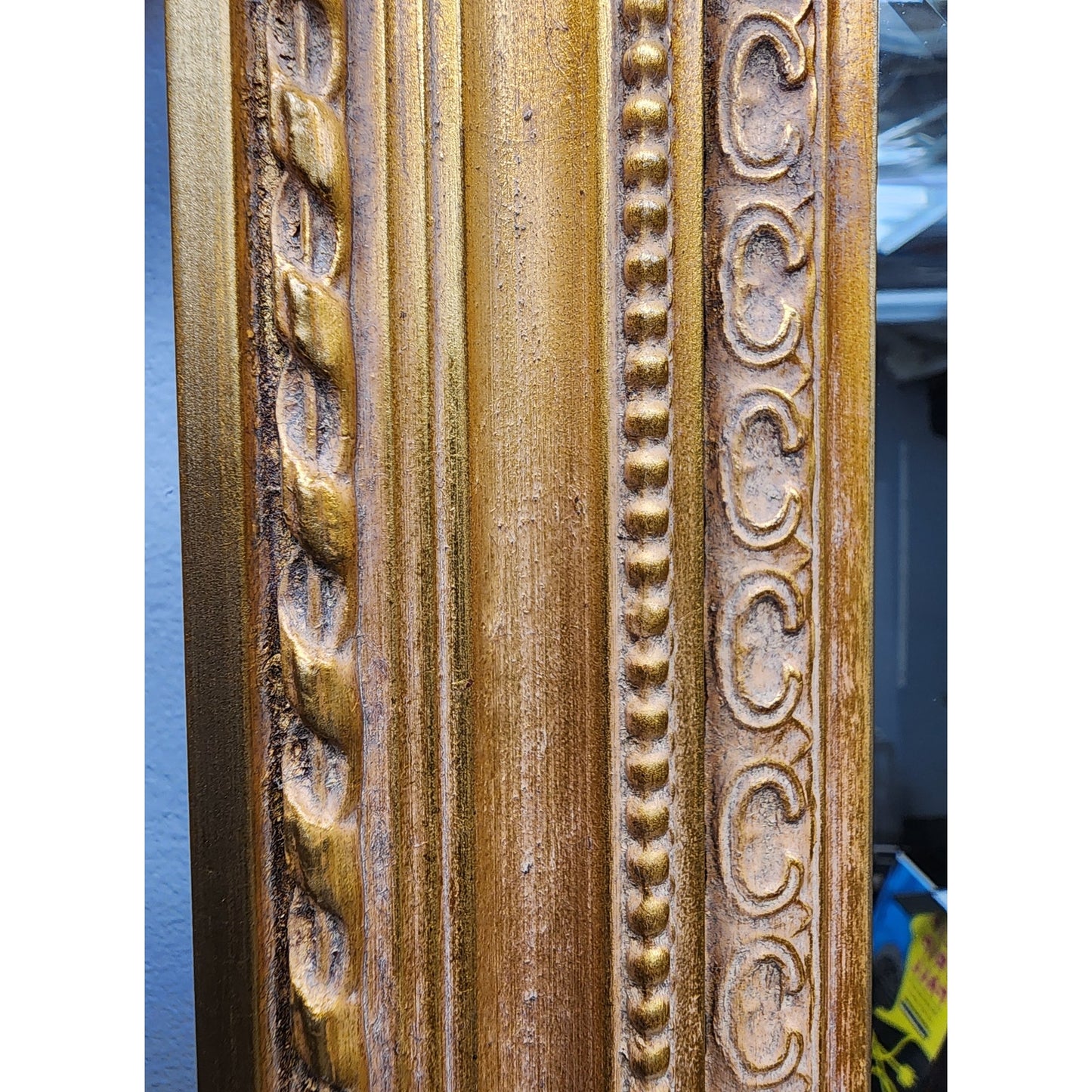 Vintage Beveled Glass Mirror – Ornate Gold Wood Frame, 44” Tall Elegant Design