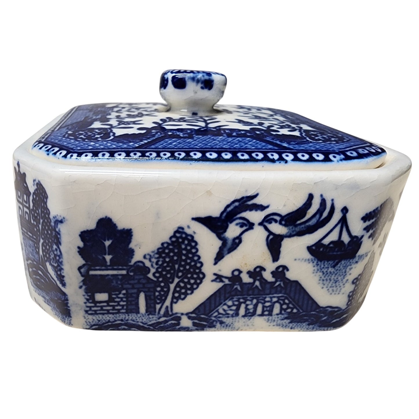 Vintage Moriyama Japan Blue Willow Covered Dish Porcelain Container Rare