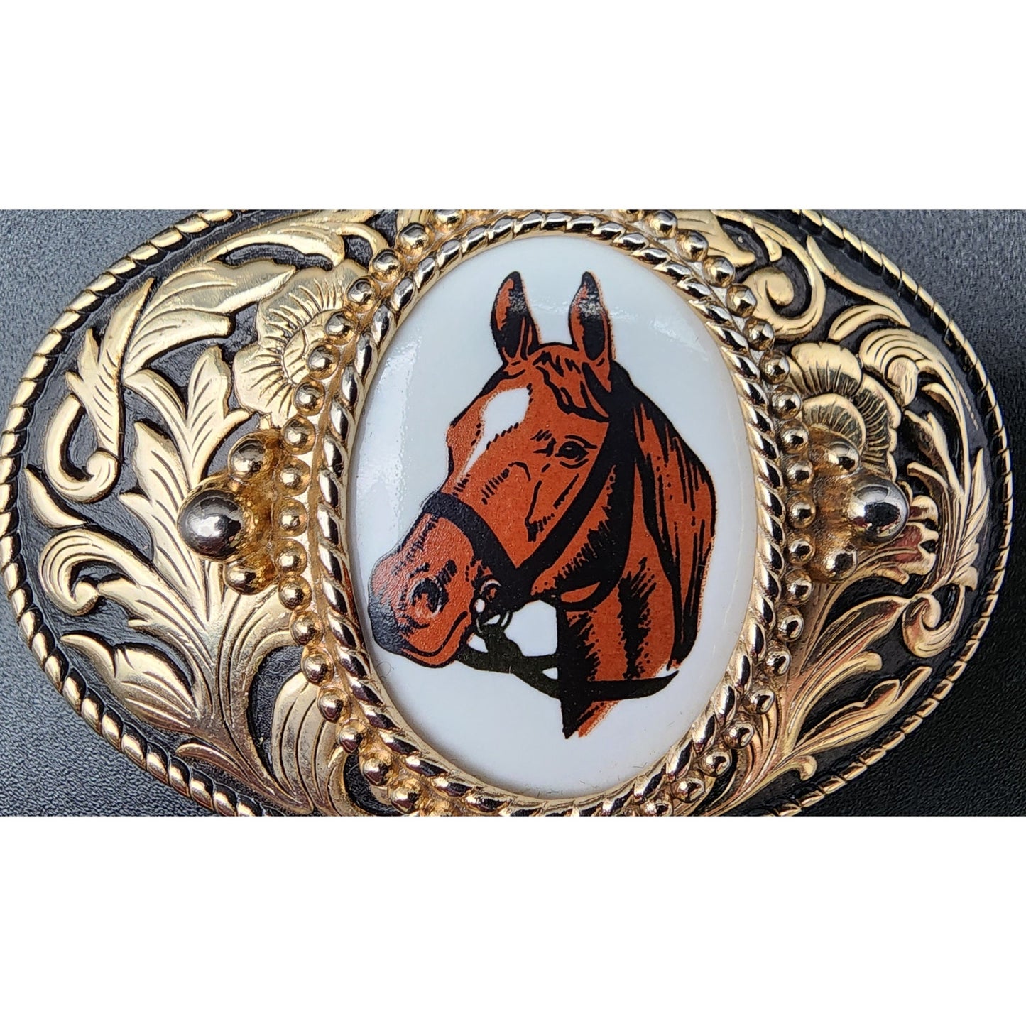 Vintage Brass Horse Head Belt Buckle with Porcelain Cameo 3.25" Western