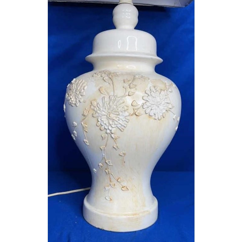 Vintage Ginger Jar Table Lamp w/ Floral Relief & Square Shade 28" Tall Works