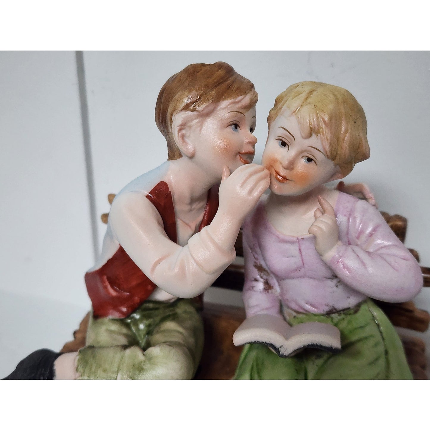 Vintage Boy Whispering to Girl On Bench Figurine Hand Painted on Bench 6"