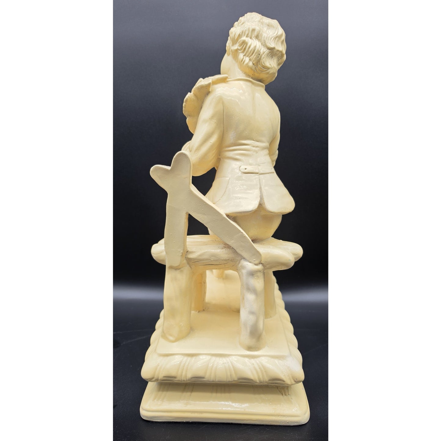 Vintage Pale Yellow Alabaster Boy Sculpture on Rustic Bench 18.5" 11 lbs