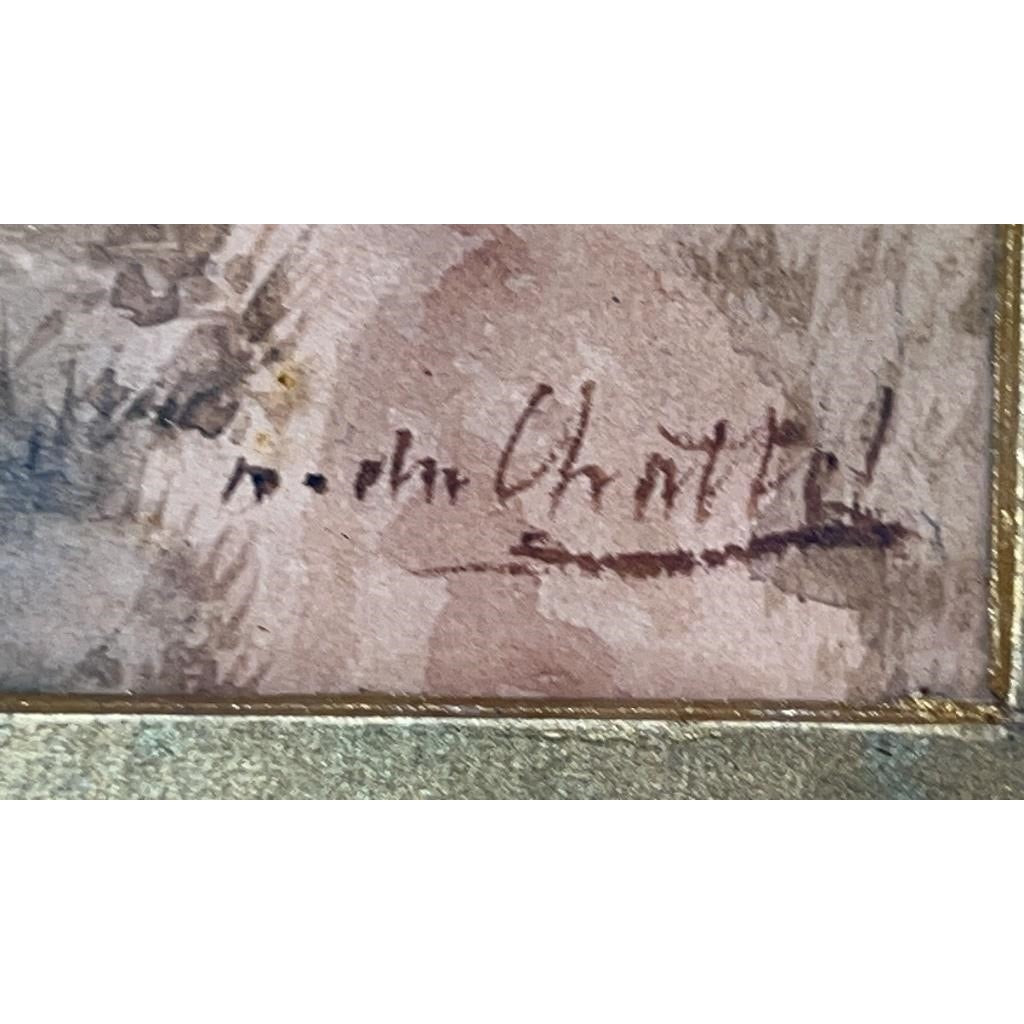 Antique F.J. Du Chattel Dutch Windmill Watercolor, Signed, Ornate Gold Frame