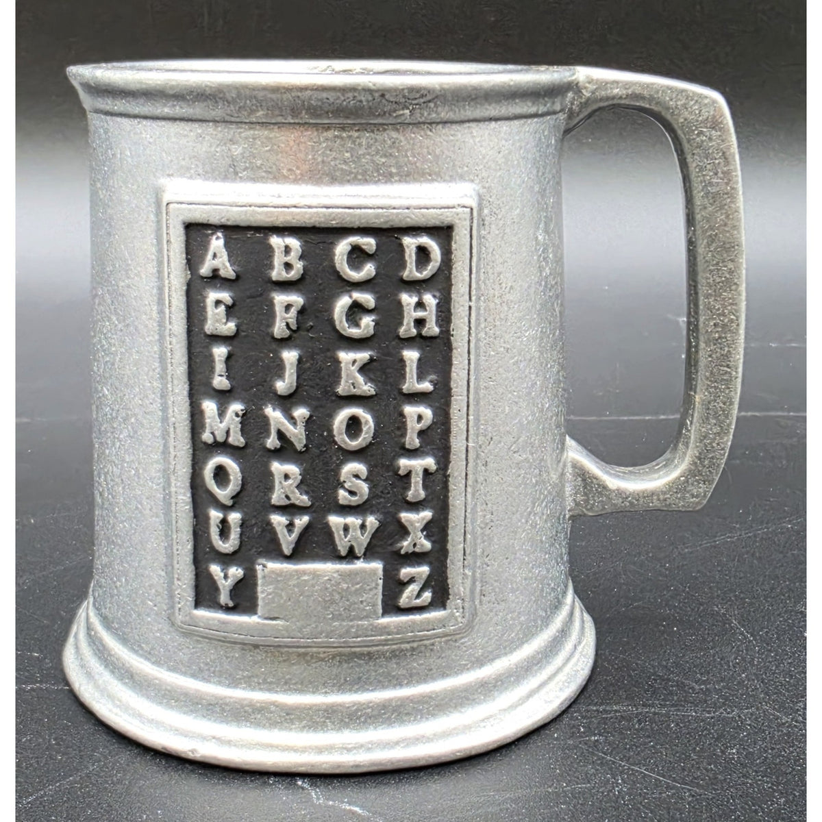 Vintage Solid Pewter Alphabet Cup Mug Heavy Metal ABC Hornbook Sampler Style