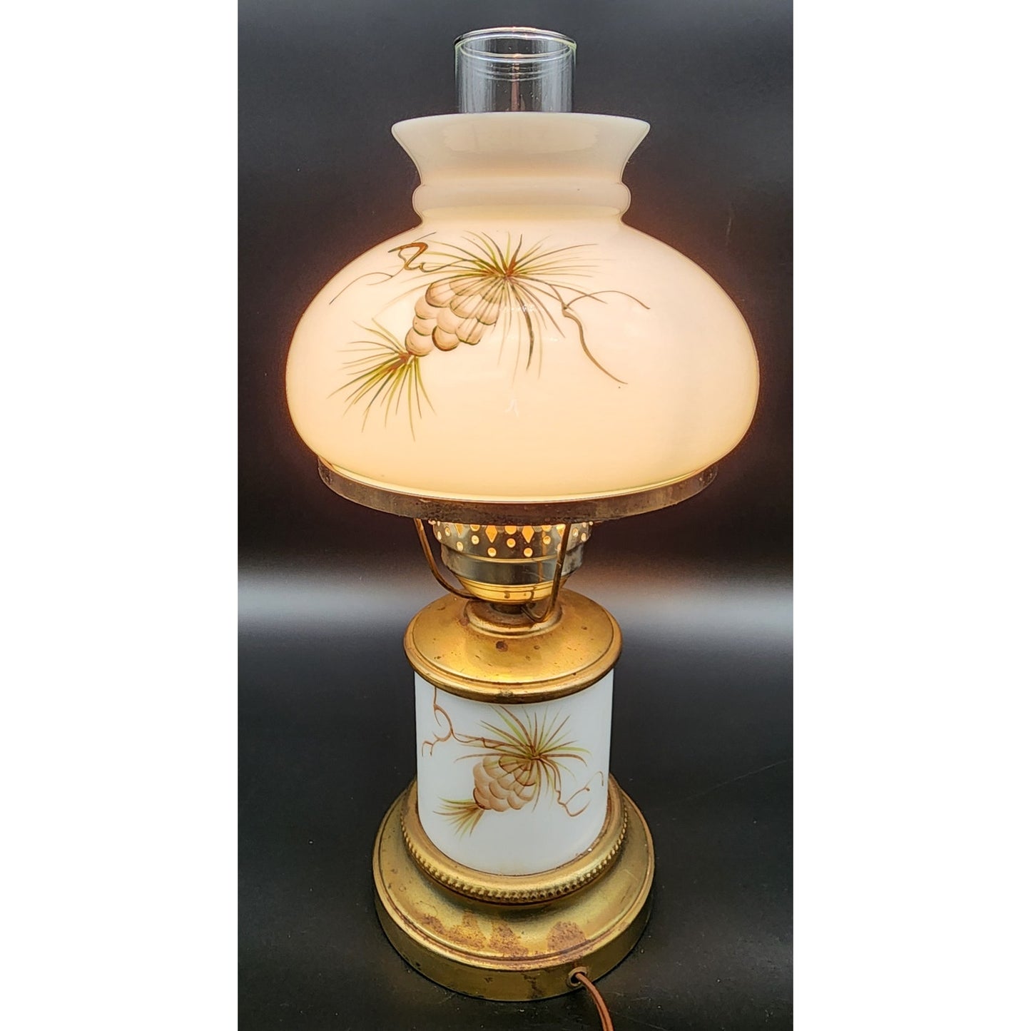 Vintage Brass Table Lamp w/ Hand‑Painted Pinecone Milk Glass Shade, 16.5"  Tall