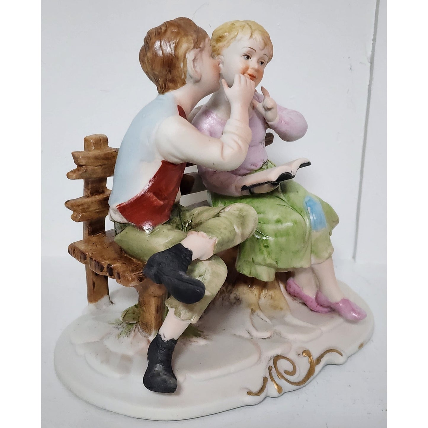 Vintage Boy Whispering to Girl On Bench Figurine Hand Painted on Bench 6"