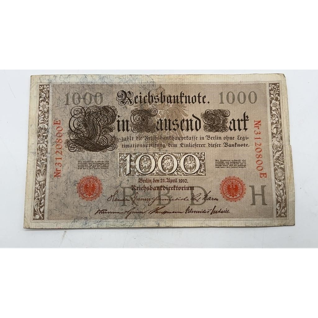 2× 1910 Germany 1000 Mark Reichsbanknote Berlin Red Seal Pre-WWI Rare Pair