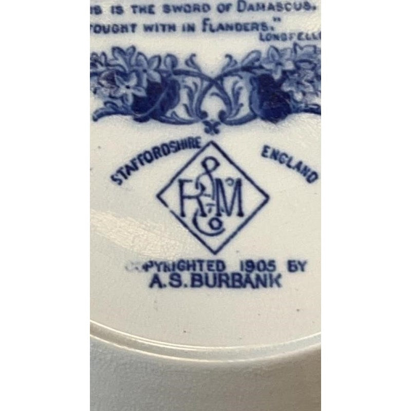 1905 Staffordshire A.S. Burbank Myles Standish Souvenir Bowl Plate Flow Blue