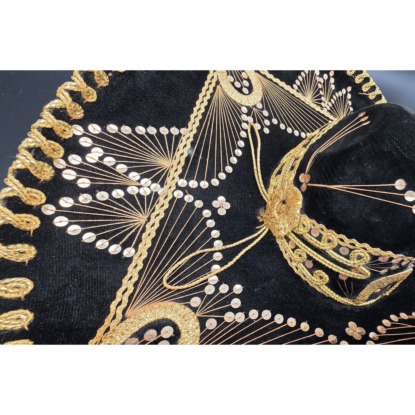 Authentic Vintage Mexican Sombrero Black Felt Gold Emb Sequin Detail 24x18x7.25