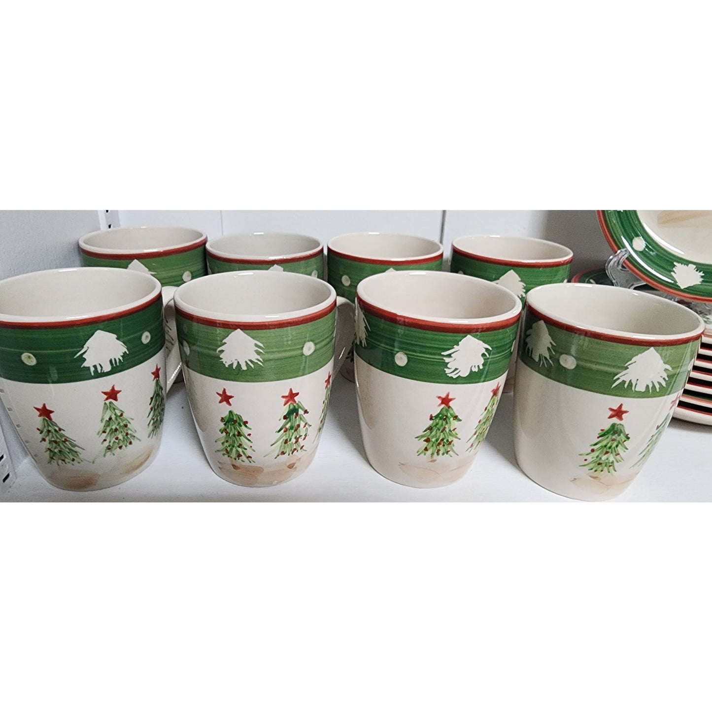 VTG Chinese Stoneware Christmas Dinnerware Set Hand Painted Trees 24 Pc - Rare