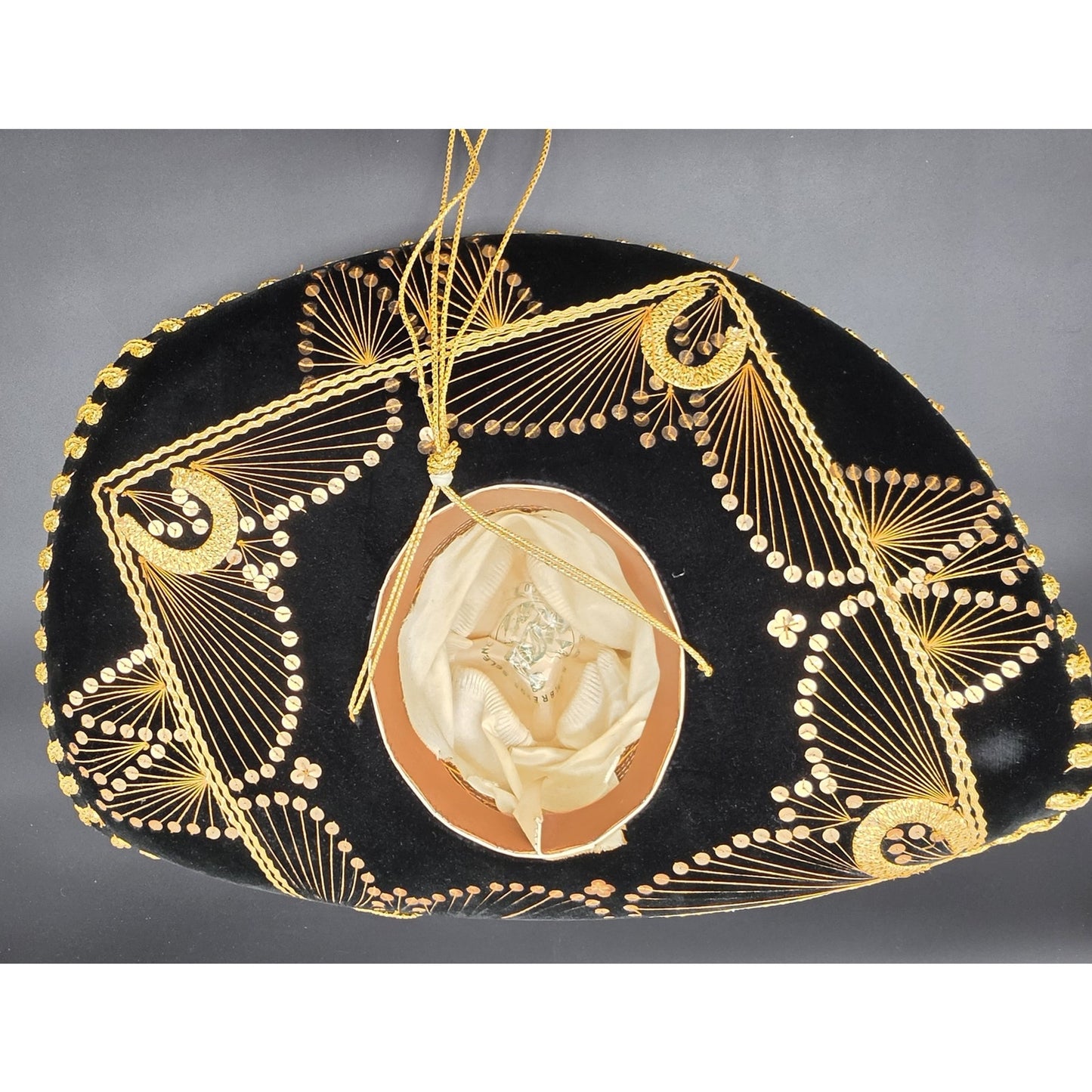Authentic Vintage Mexican Sombrero Black Felt Gold Emb Sequin Detail 24x18x7.25