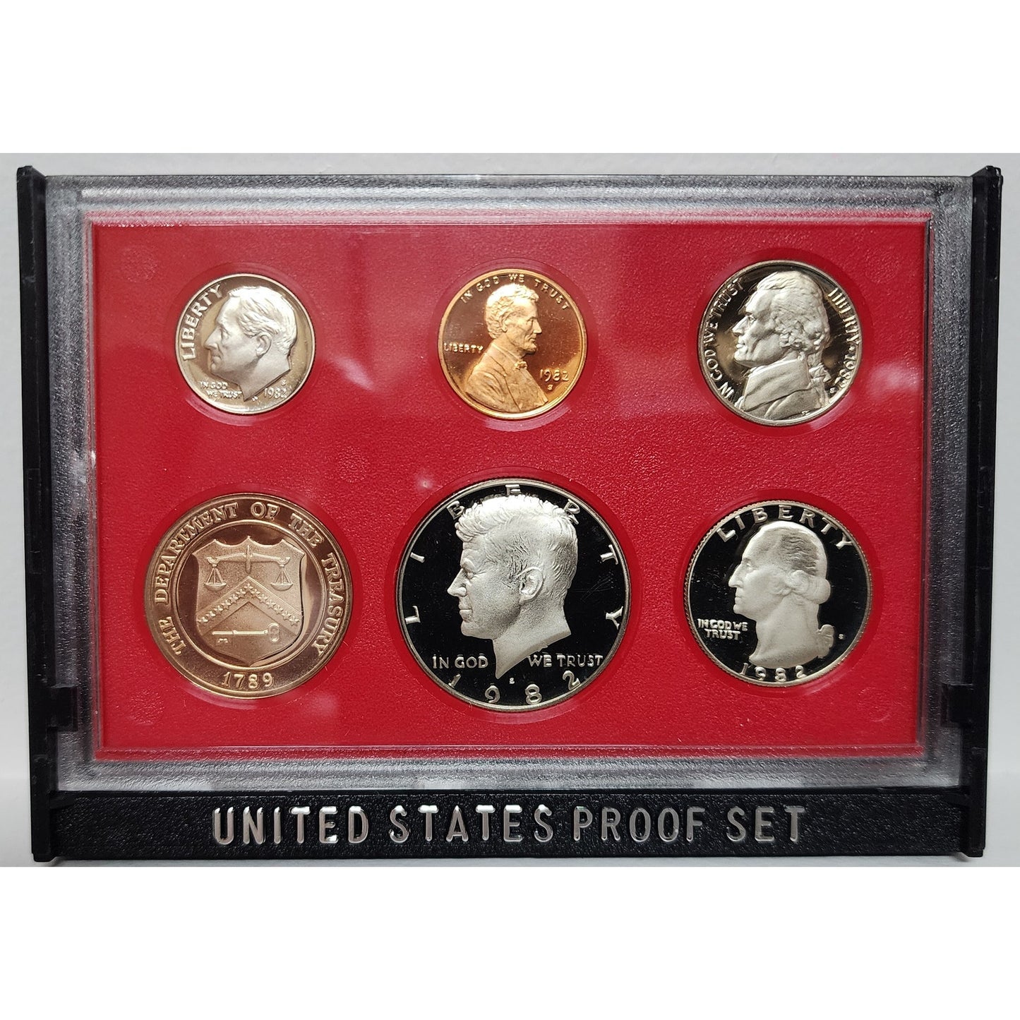 1982 U.S. Mint Proof Set 6 Coins + Treasury Token • Display Case • Original Pack