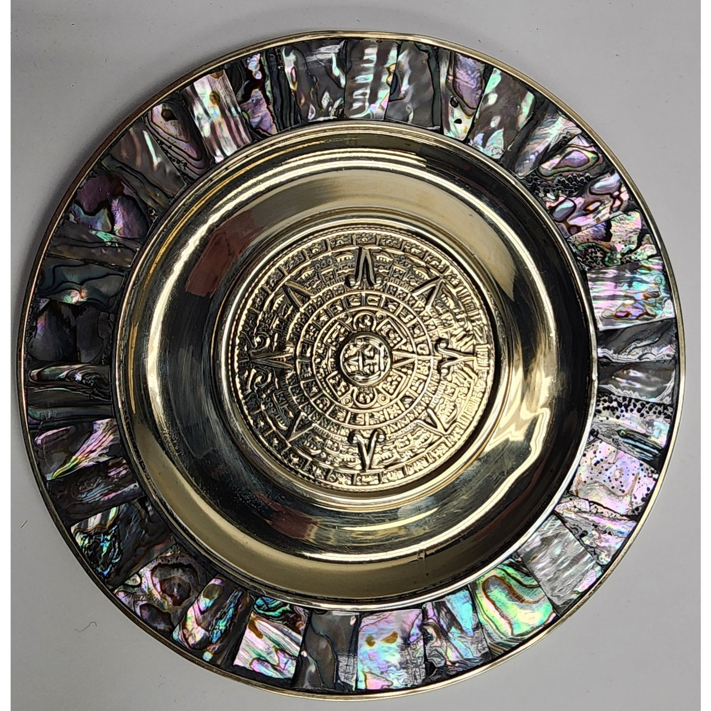 Vintage Mayan Calendar Plate – Alpaca Silver & Abalone Shell – Mexico Aztec Art