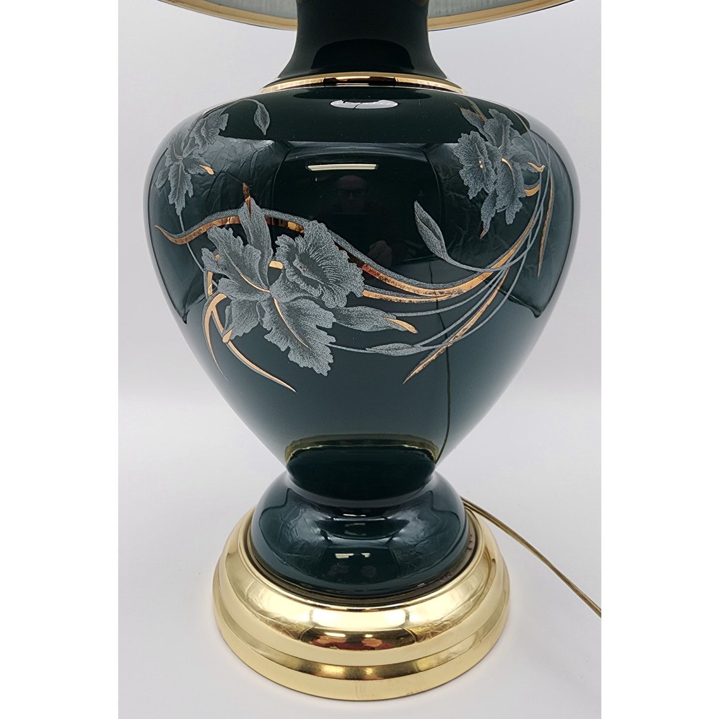 Vintage Forest Green Ceramic Lamp & Shade 30.25"H w/22K Gold Floral 3Way Switch