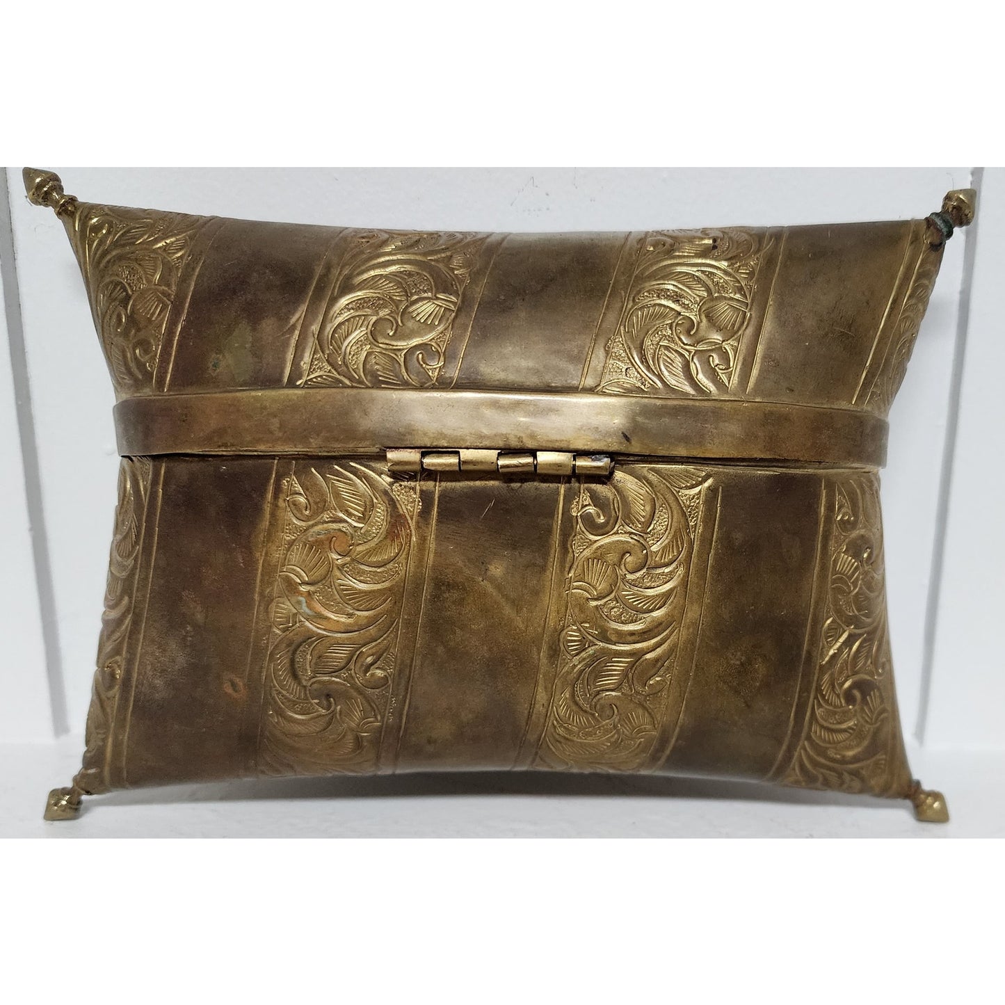 Vintage Brass Pillow Purse w/ Engraved Panels & Purple Velvet Lining