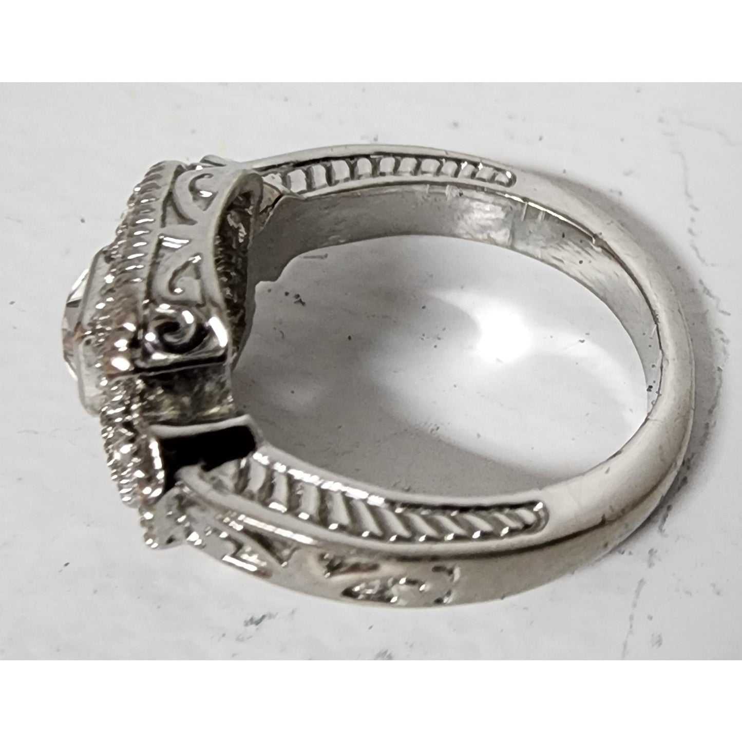 Vintage Silver Ring Size 9.75 w/ Box – Square Cut Clear Stone & Filigree Design