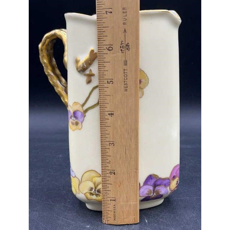 Antique H&Co Limoges Cream Pitcher 1 Pint Gold Floral Pansies - RARE