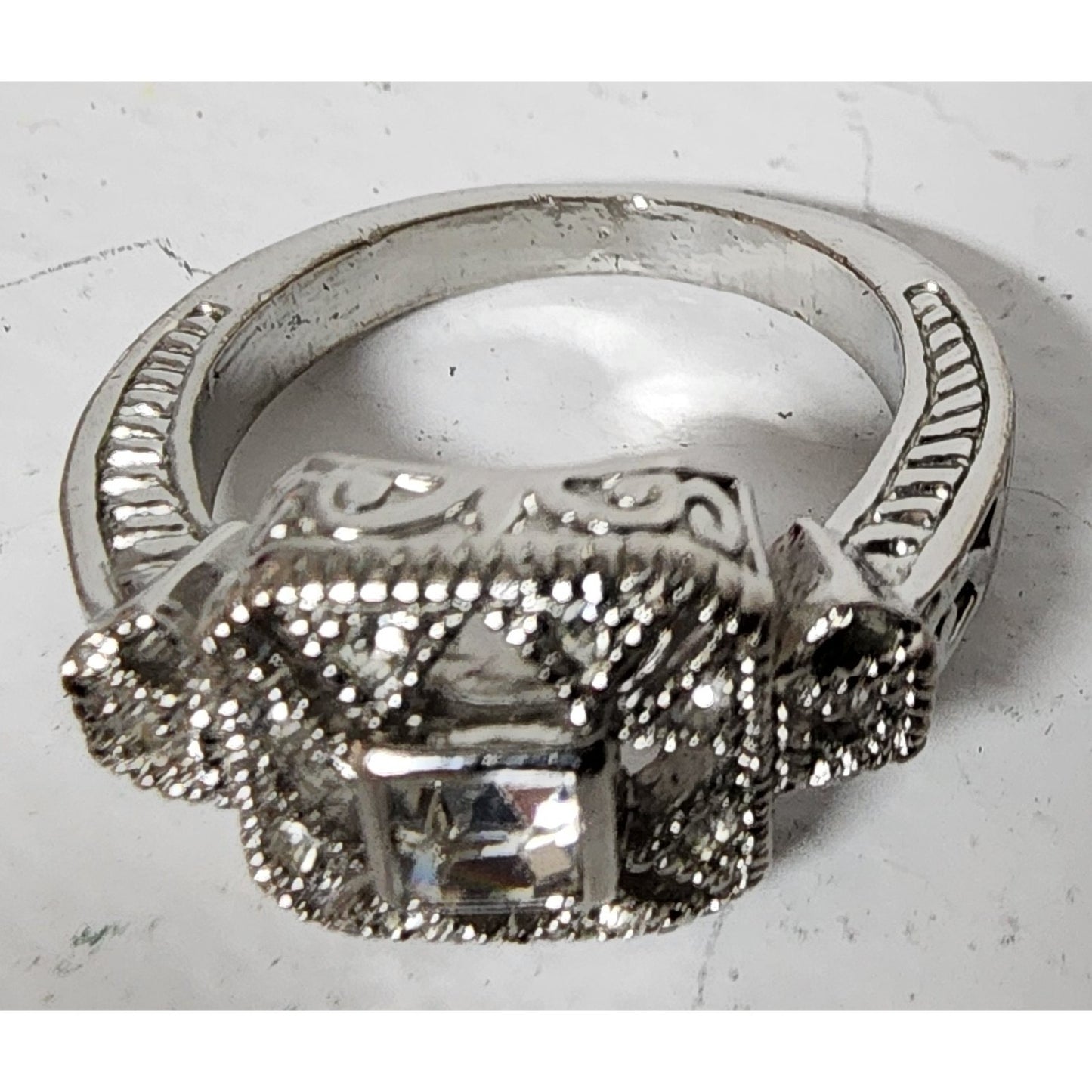 Vintage Silver Ring Size 9.75 w/ Box – Square Cut Clear Stone & Filigree Design