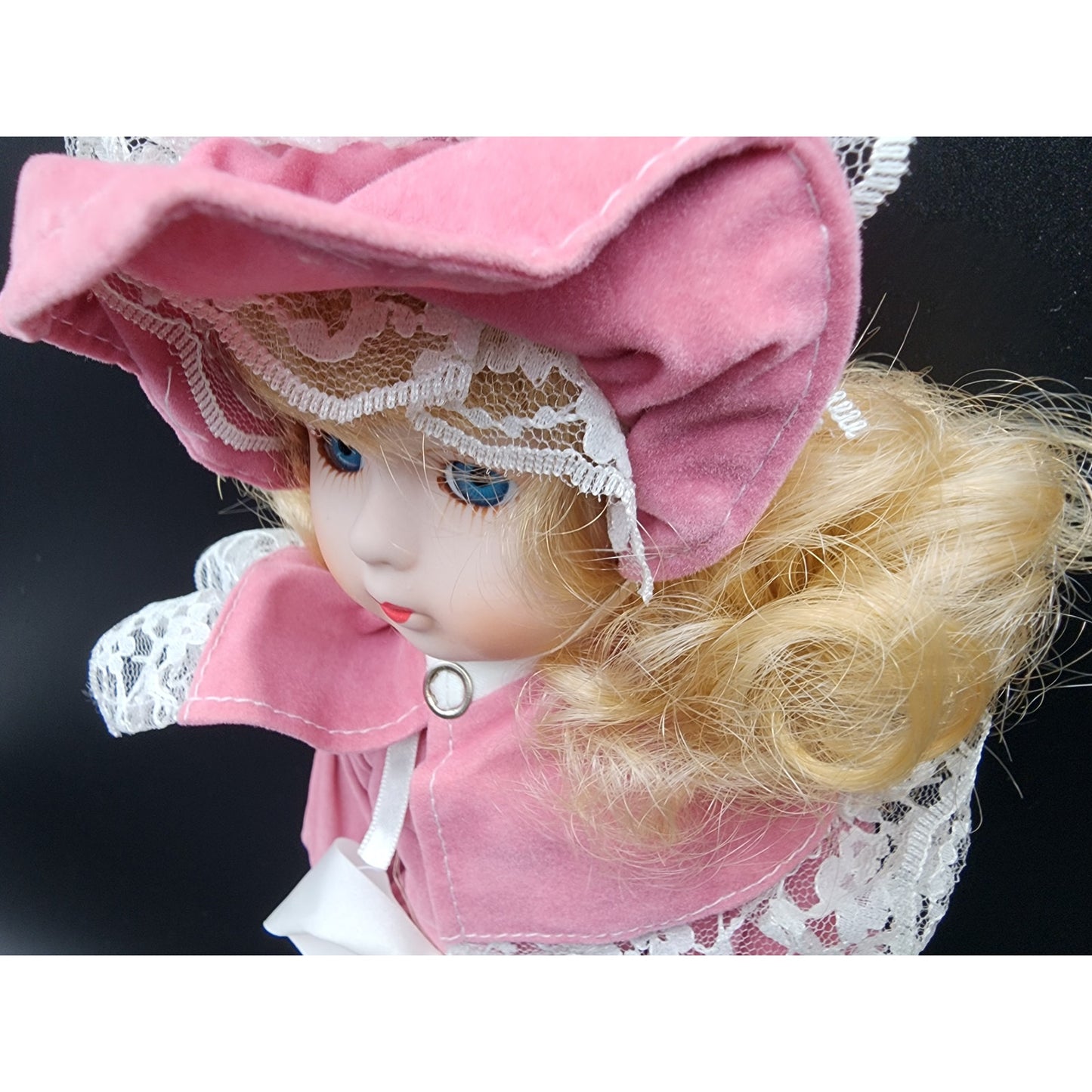 Vintage 16" Porcelain Doll “Tracy” TH‑64 Pink Velvet Dress w/ Bonnet & Box