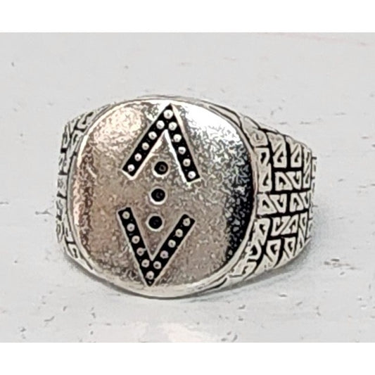 Silver Tone Geometric Ring Size 10.5 with Black Symbolic Design
