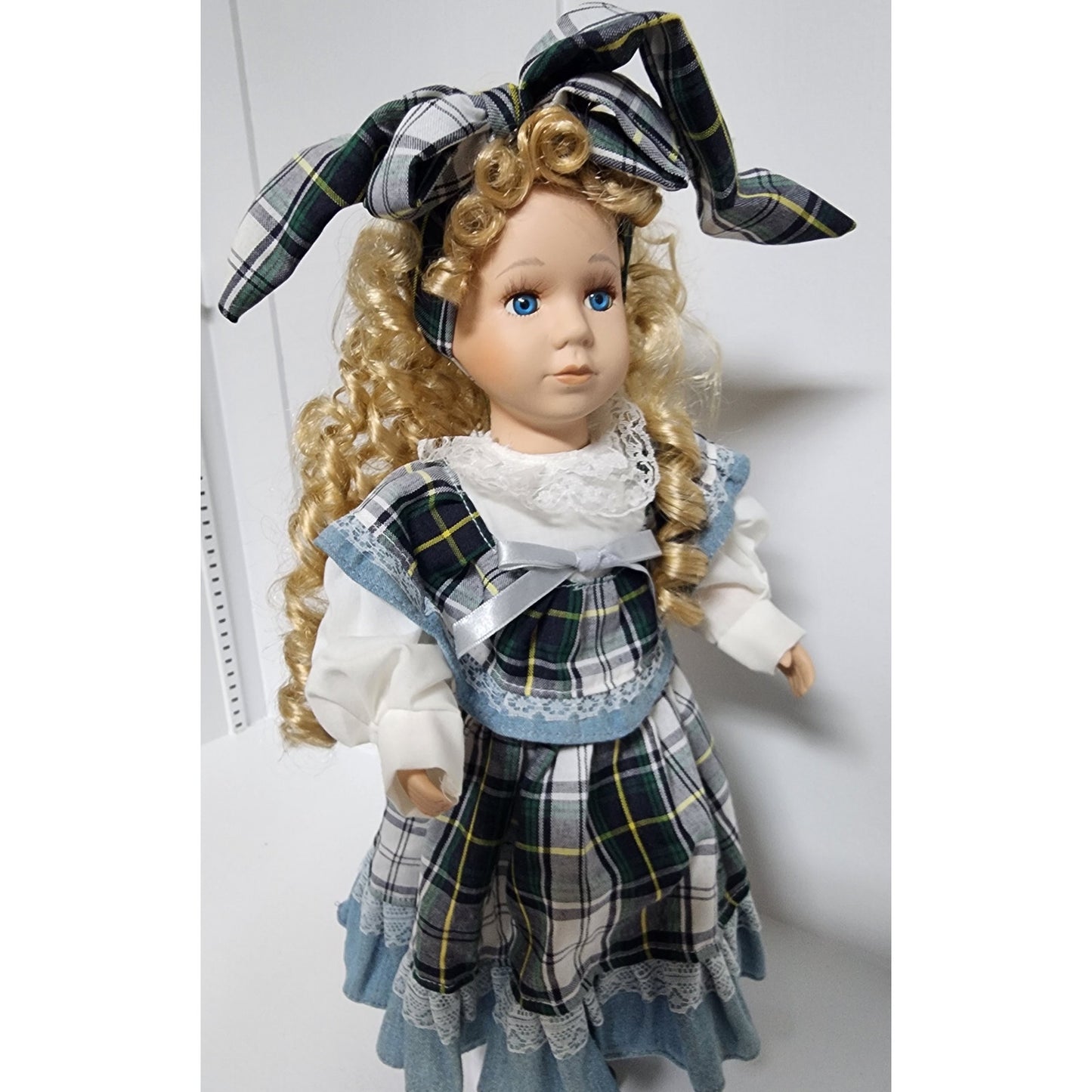Vintage Tender Heart Treasures Porcelain Doll Plaid Dress Blonde Curls w/ Stand