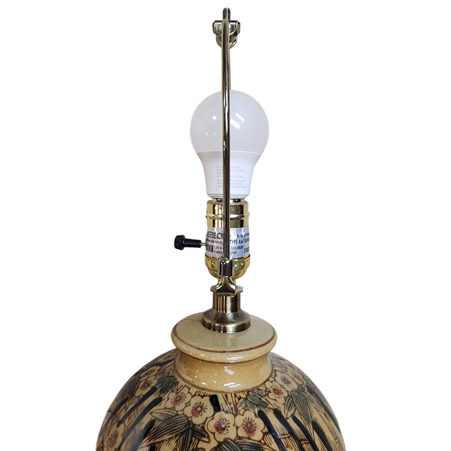 Asian Style Ceramic Table Lamp Bamboo Floral Motif 25”H w/ Shade & Wood Base
